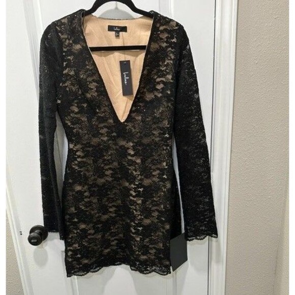 Lulu's Dresses & Skirts - NWT Lulus Black Lace Sequin Bodycon Mini Dress Nude Lined Long Sleeve Plunge
